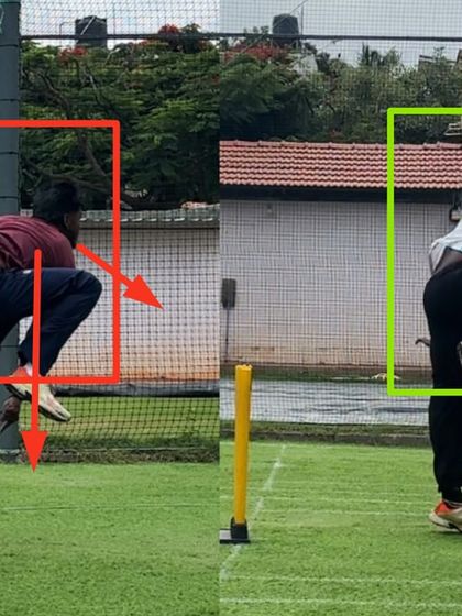 This comparison highlights the change in body position for an off-spinner. We corrected a derailed finish by ensuring the body remains strong, upright, and aligned with the target through the entire motion.
