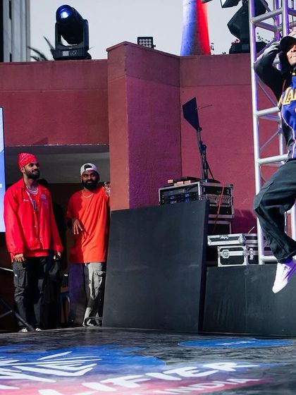 An incredible action shot of a dancer mid-air during the Red Bull DYS qualifiers.