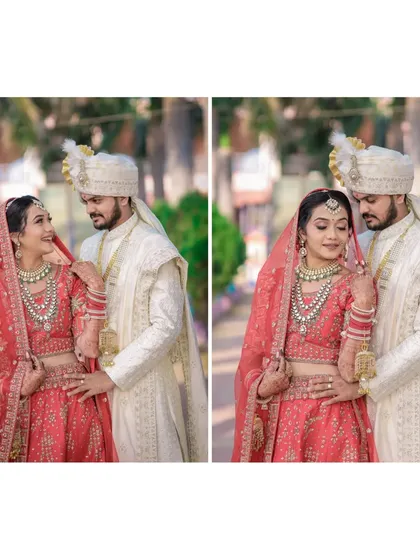 Capturing the joy and tradition of the wedding day. This couple shares a natural, happy moment in their beautiful wedding attire, showcasing vibrant colours and genuine smiles.
