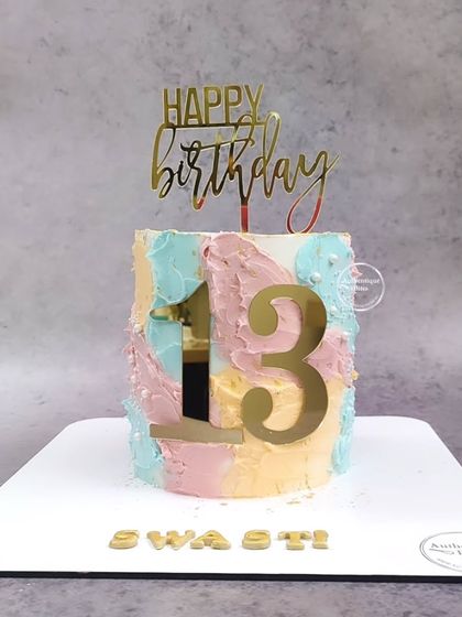 Another take on the "Official Teenager" cake, this one with a pastel watercolor effect and a mirrored number 13.