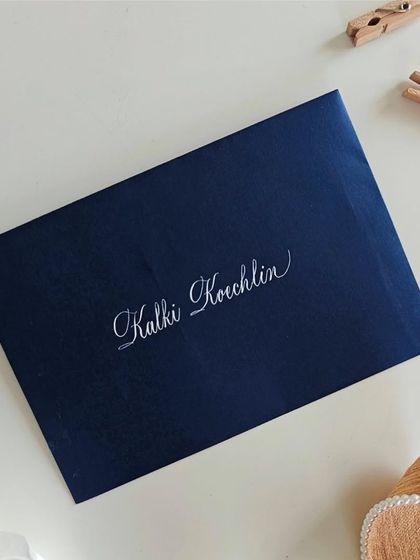 Minimal and classic Copperplate script for envelope addressing. This example was addressed with love to the wonderful Kalki Koechlin.