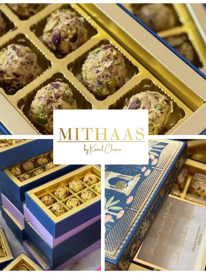 My custom-designed boxes feature intricate Indian palace motifs, adding a touch of heritage to your gift. These are filled with my signature pistachio truffles, making for a truly royal treat.