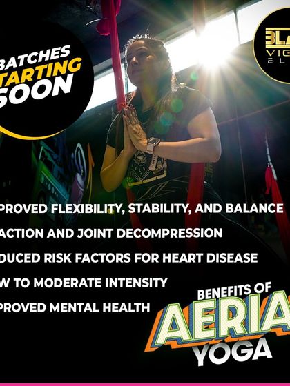 This graphic highlights the many benefits of aerial yoga, from improved flexibility and stability to reduced risk factors for heart disease. Our batches are starting soon, so book your slot.