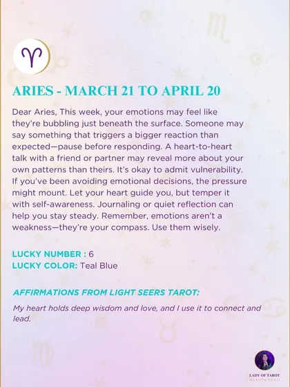 This week's tarot reading for Aries. Your emotions may feel like they're bubbling just beneath the surface. Let your heart guide you, but temper it with self-awareness.