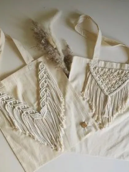 A side-by-side look at two different macrame designs I use to upcycle plain cotton tote bags. Each one adds a unique, handcrafted touch.