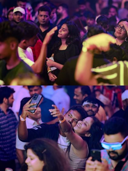 A collage of moments from an epic night in Goa, showing the crowd and selfies.
