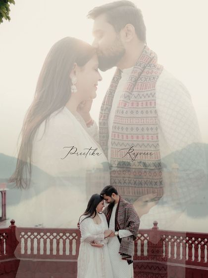 A romantic double exposure that layers an intimate forehead kiss over a wider shot of the couple by the water. This artistic composition tells a story of both closeness and their shared world.