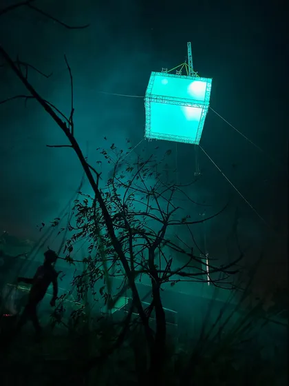 A low-angle shot of the teal-lit moonbox on the 'Kishkindhapuri' set. The combination of the light, haze, and bare trees created a perfectly eerie atmosphere.