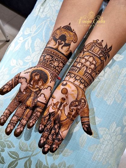 A closer look at a custom Karwa Chauth portrait design. On one hand, a romantic couple portrait under the full moon, and on the other, the traditional scene of a woman looking at the moon through a sieve.