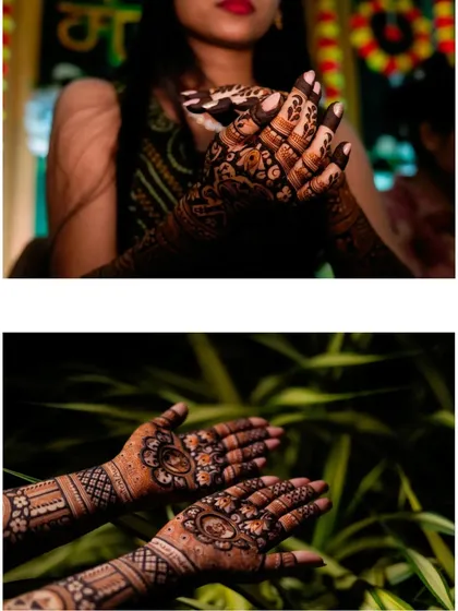 Detail shots of the bride's intricate mehendi, showing the beautiful patterns on both the front and back of her hands.