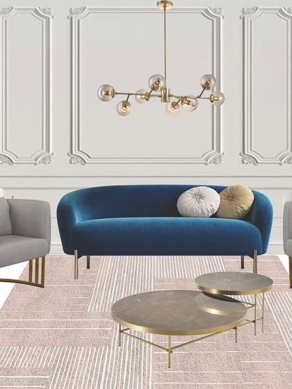 This mood board presents a living room concept in the Neoclassical style. The design features elegant wall molding, a curved blue sofa, and furniture with brass accents, creating a sophisticated space that is both classic and contemporary.