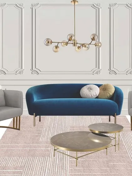 This mood board presents a living room concept in the Neoclassical style. The design features elegant wall molding, a curved blue sofa, and furniture with brass accents, creating a sophisticated space that is both classic and contemporary.