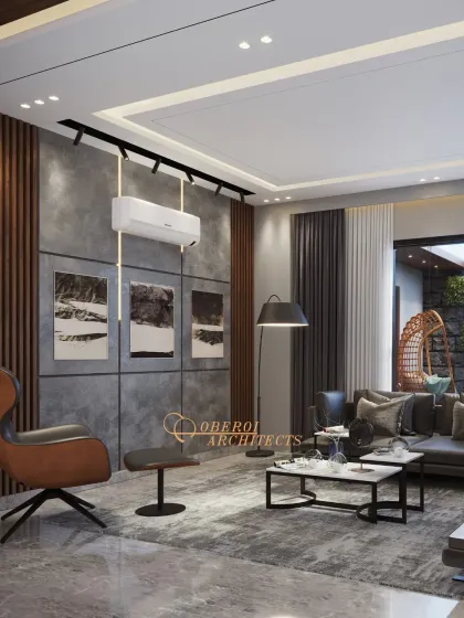 A modern living room design featuring a mix of concrete-finish walls, wood paneling, and comfortable leather furniture. The track lighting and floor lamp provide versatile illumination.