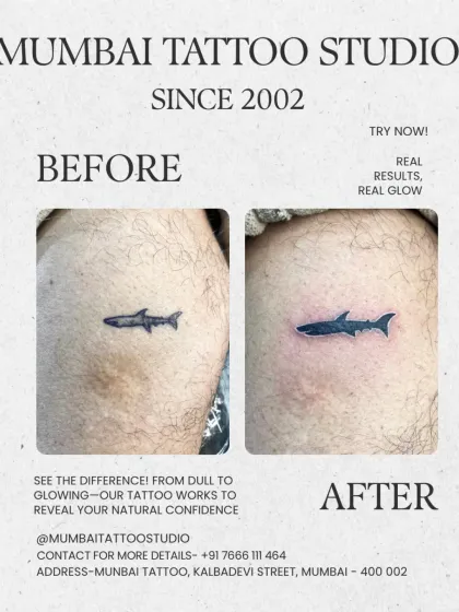 See the difference a professional touch-up makes. On the left is a faded, patchy shark tattoo. On the right is the same tattoo after we reworked it, featuring a solid black fill, clean outlines, and a vibrant look. We can revive your old ink and make it look brand new.