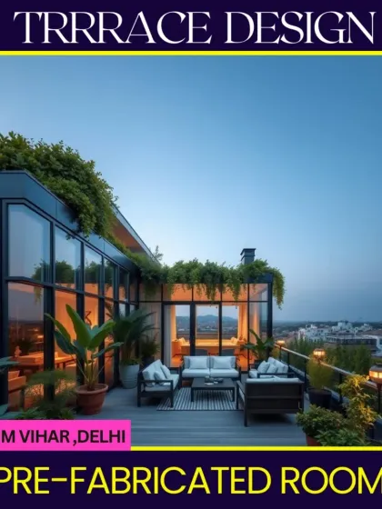 We elevate urban living by adding stunning prefabricated rooms to terraces, creating a seamless indoor-outdoor experience. This design in Paschim Vihar is a perfect blend of modern architecture, lush greenery, and luxurious comfort.