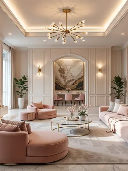 An open and airy living room with curved pink sofas, a large bookshelf, and a seamless flow into the dining area.