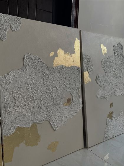The textured and gold leaf panels from the featured set, seen here in my studio. This angle shows how the light catches the metallic and textured surfaces differently.