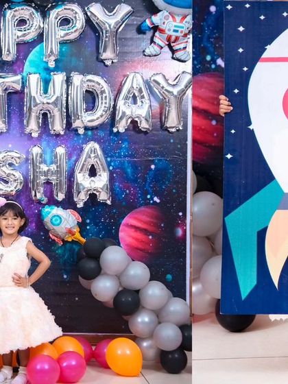 A magical 'Princess' themed birthday party, with elegant decor, shimmering backdrops, and royal props, making every little girl feel like royalty.