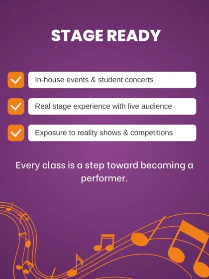 We get you stage-ready by providing real performance opportunities. This includes in-house events, student concerts, and exposure to competitions, ensuring every class is a step toward becoming a performer.