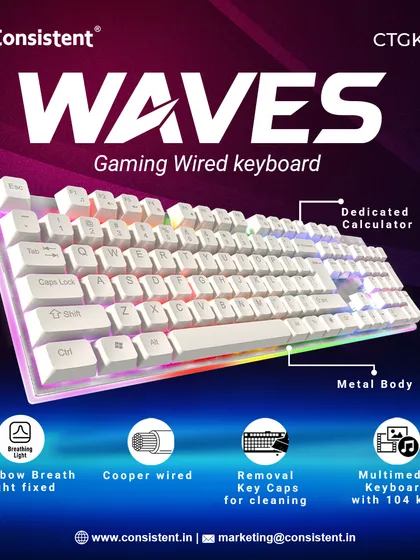 The "Waves" gaming wired keyboard combines style and function with its white metal body and fixed rainbow breath light. I designed it with removable keycaps for easy cleaning and a dedicated calculator button for added convenience.