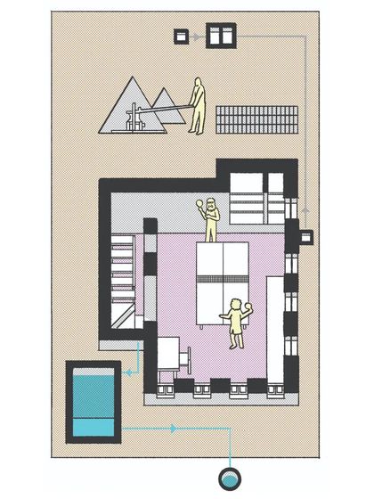 The basement plan for Sans Souci, showing the space where soil was quarried to make the earth blocks for the house. This thermally stable basement later served as our office for many years.