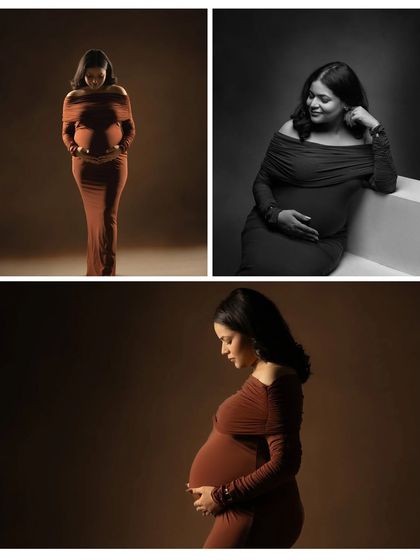 A collage showcasing different angles and moods from a studio session. It includes a full-length profile, a smiling seated portrait in black and white, and a contemplative downward glance, showing the variety we can achieve.