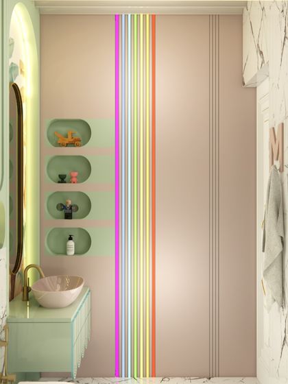 A detail shot from a kids' bathroom, showing the colorful striped wall detail and the built-in shelving niches for storage.