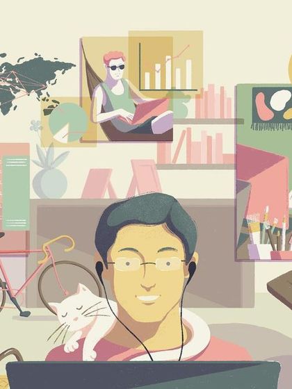 This illustration for 'Solo Commerce' depicts a gig worker at the center of their global, digital network. The artwork visualizes a life of flexibility, remote collaboration, and a personalized work-life blend.