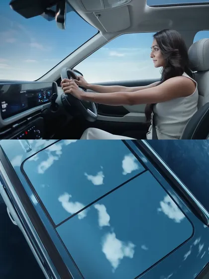 A shot from the Hyundai Creta ad showing the seamless reflection of the sky on the car's sunroof. This was achieved using our virtual production studio, where the sky was projected onto an overhead LED panel.
