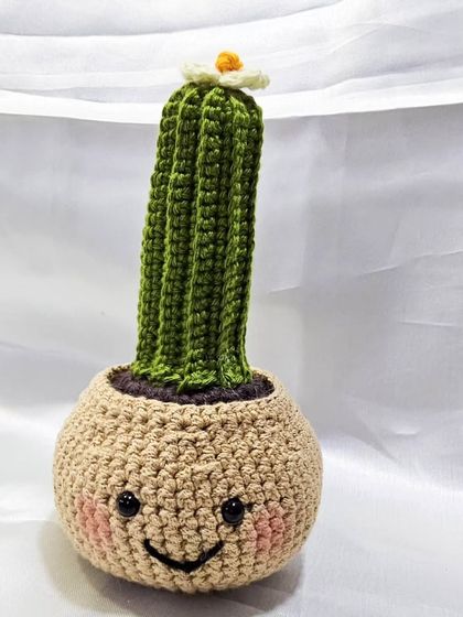 Another shot of the happy crochet cactus, showing off its cute, blushing cheeks. It’s a perfect example of how I like to add personality to my creations.