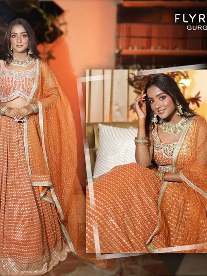 Radiate elegance in this stunning orange sequined lehenga. It's a glamorous and eye-catching outfit, perfect for making a statement.