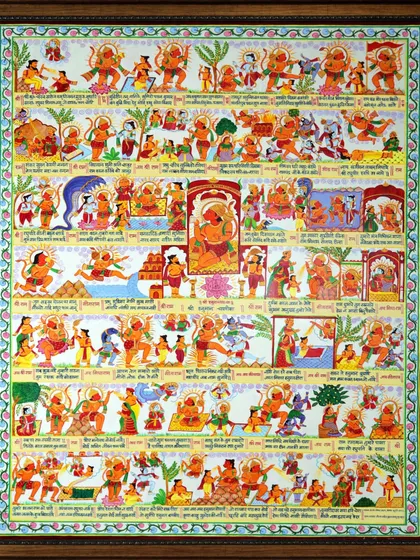 This is the complete Hanuman Chalisa, captured on a single canvas. I used a traditional miniature art style with acrylics and finished the details with gold cone work to honor the sacred text. It was created to be a statement piece for a client's temple, bringing positivity and devotion into their home.