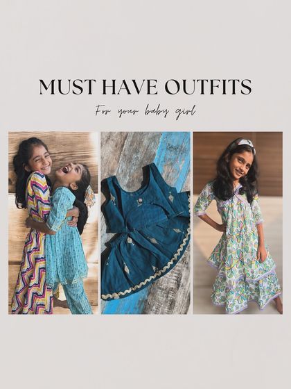 A collage showcasing some of my must-have outfits for your baby girl, from colorful co-ords to elegant frocks, all designed for comfort and style.