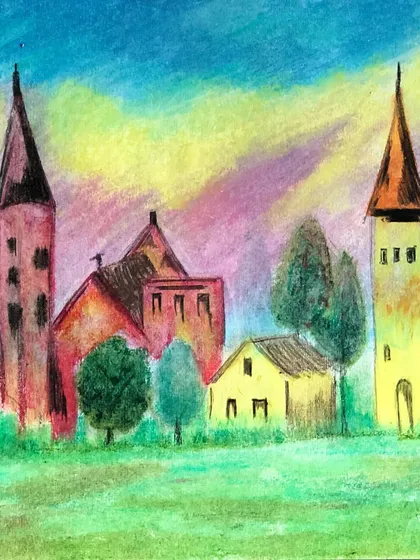 Using oil pastels, we learn how to blend colors to create beautiful, dreamy skies and textured landscapes. This piece shows how we can build a whole village scene, focusing on layering colors to make the buildings and trees pop.