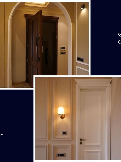 A collage showcasing our door designs. On the left, a grand, dark wood entrance door, and on the right, a classic white paneled interior door with elegant wall sconce lighting.