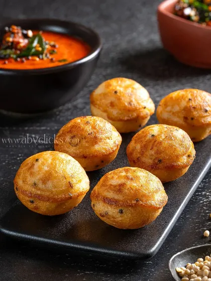Paniyaram or Appe, a popular South Indian snack. The dark styling makes the golden-brown snack pop.