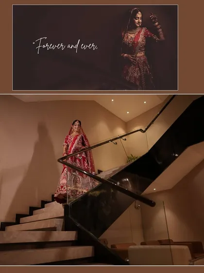 An elegant album page design, featuring a wide shot of the bride's grand entrance and a close-up portrait.