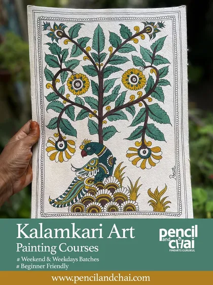 A beautiful Kalamkari painting of the Tree of Life, completed by a student. This classic motif, with its detailed peacock and floral patterns, is a perfect example of the authentic, traditional art you can learn to create with us.