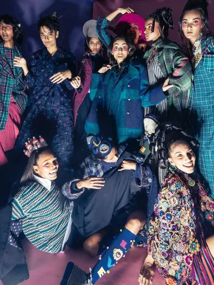 A group shot from a péro campaign, showcasing a variety of creative and unconventional hairstyles. I worked with each model to create a unique look, from intricate updos and styled hats to textured, free-flowing hair.