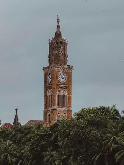 The Rajabai Clock Tower, a masterpiece of Victorian Gothic architecture, peeking out from behind the lush green trees of South Bombay.
