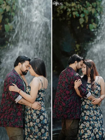 A diptych of a couple sharing an intimate embrace by a waterfall, with the vertical composition highlighting the cascading water.