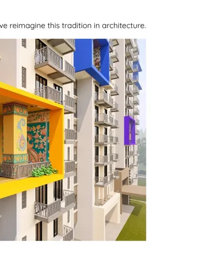 We reimagine tradition in modern architecture. This render shows how we integrated colorful, art-filled community decks into the facade of the Krishnasagar Township.