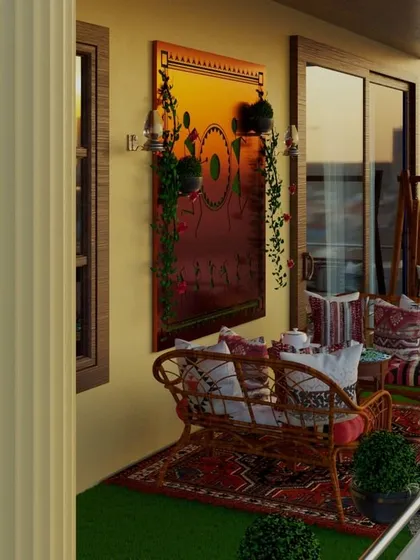 We incorporated traditional Indian art into this balcony design, creating a culturally rich and vibrant seating area. The Warli art panel, combined with rustic furniture and greenery, makes for a unique and personal outdoor space.