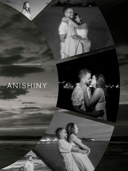 A creative black and white collage capturing the romance of an evening on the beach. The arc design pulls together different moments, from embraces to near-kisses.
