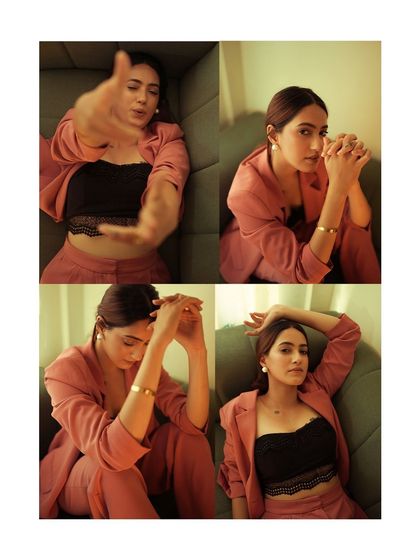 A four-panel collage showing a range of poses and moods from an editorial shoot. This is perfect for a lookbook or a feature story.