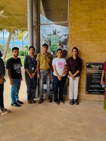 A small group of students and faculty from SCMS Bengaluru pose by our AgroTIE sign. We value our collaborations with academic institutions to inspire the next generation.
