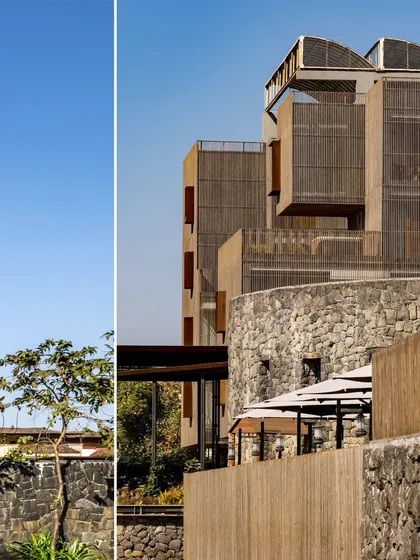 The facade of the Radisson Resort features a combination of wood screening and exposed stone walls. The building's form is broken down into smaller volumes to reduce its perceived mass and better integrate with the natural topography.