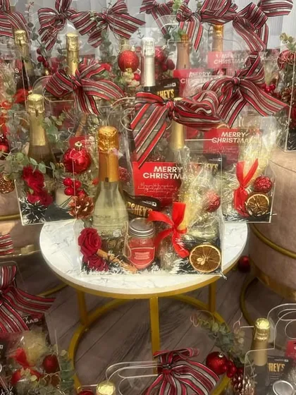 A display of our Christmas hampers, ready to spread some holiday cheer. We can create these in bulk for corporate orders.