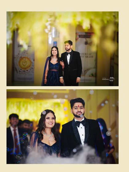 A grand entrance for the couple, complete with a smoke machine and bubbles. This collage captures the excitement and celebration of their reception entry.