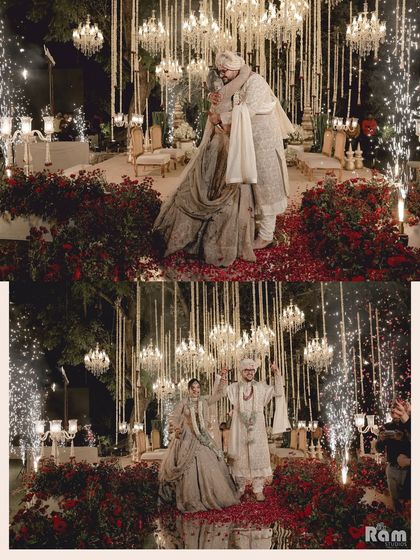 A collage capturing the magical celebration of the couple's union, with pyrotechnics and a shower of rose petals creating a spectacular scene.
